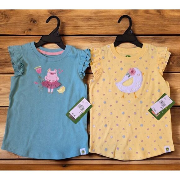John Deere Girls Sz 4T Ruffle Short Sleeve Shirts (2) Yellow Blue Spring Nwt - Picture 1 of 10